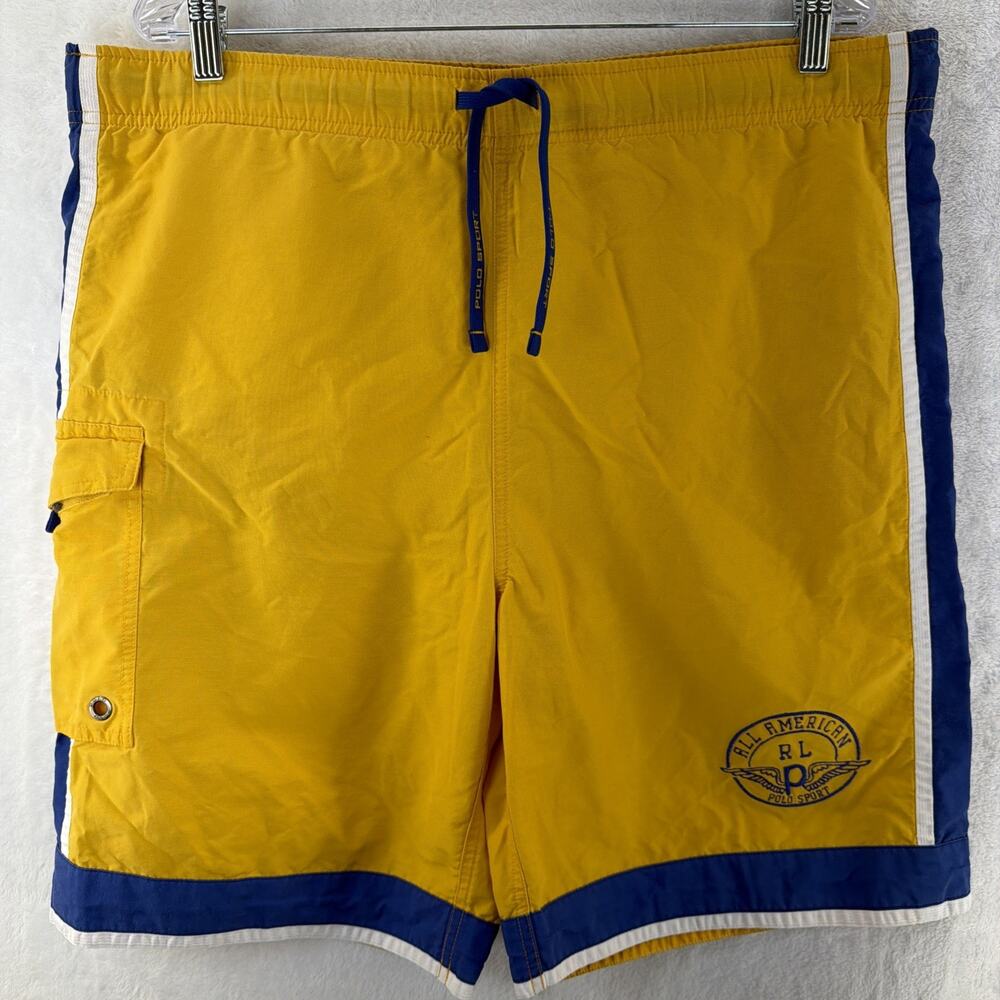 VTG Polo Sport Swim Trunks Med Yellow Ralph Lauren P Wing Lined Cargo Shorts 90s